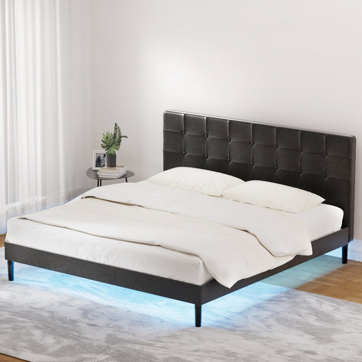 Artiss Bed Frame King Bed Base w RGB LED Lights Charge Ports Black Leather RAVI