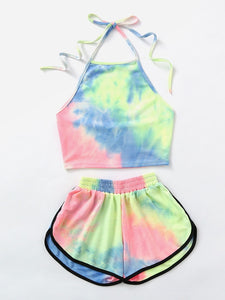 Tie-Dye Gradient Halter Crop Top and Shorts Two 2 piece set Women Summer New Fashion Tan