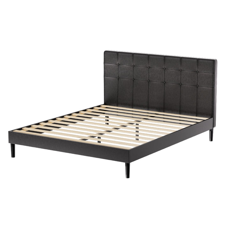 Artiss Bed Frame Queen Bed Base w LED Lights Charge Ports Black Leather RAVI