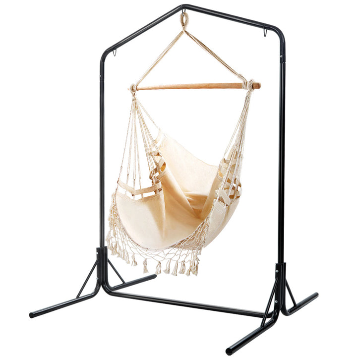 Gardeon Outdoor Hammock Chair with Stand Tassel Hanging Rope Hammocks Cream