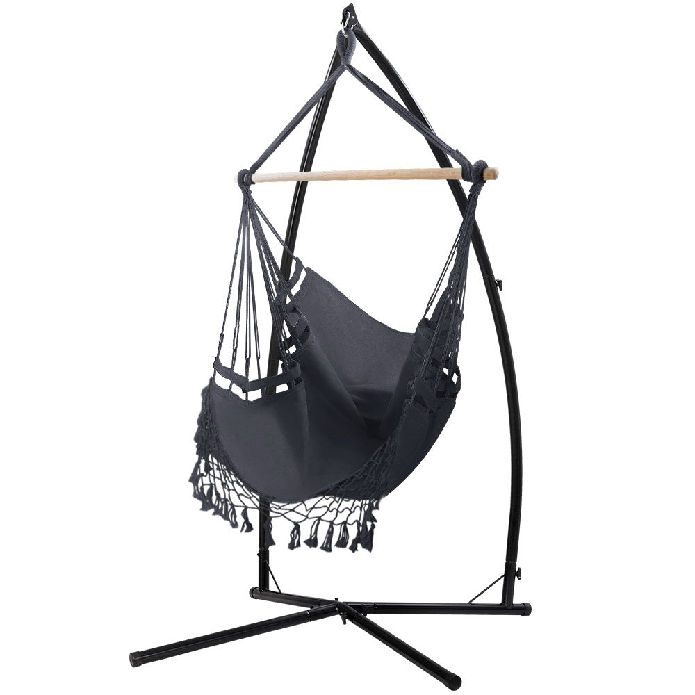 Gardeon Outdoor Hammock Chair with Steel Stand Tassel Hanging Rope Hammock Grey