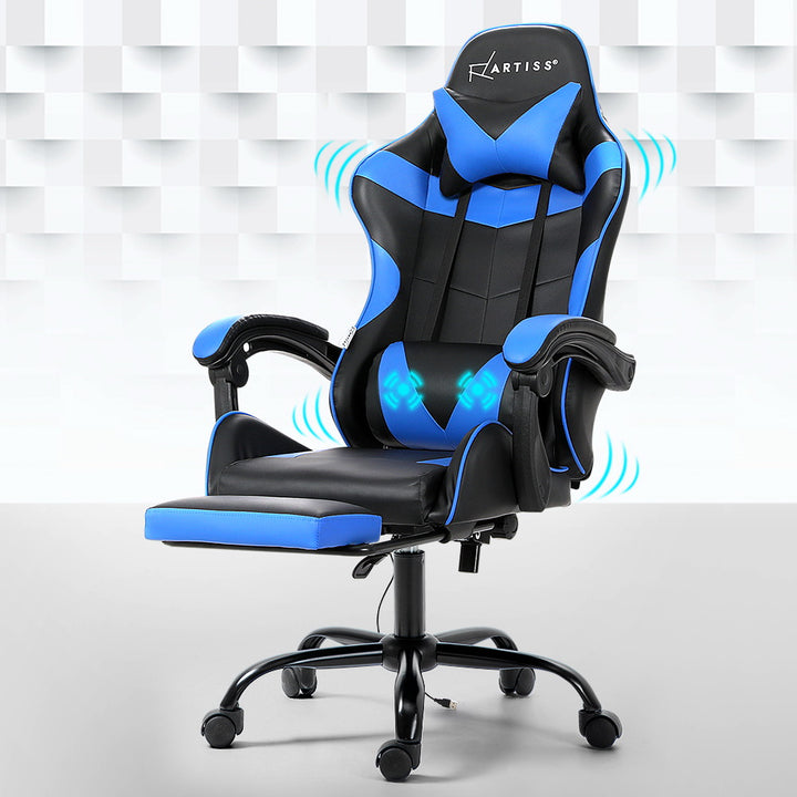 Artiss Massage Gaming Chair 2 Point PU Leather Blue