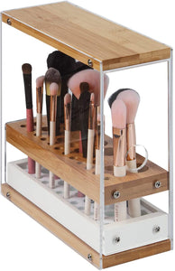31 Holes Acrylic Bamboo Brush Holder Organiser Beauty Cosmetic Display Stand with Leather Drawer White (22.3 x 8.6 x 21.5 cm)