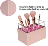 Leather Makeup Brush Cosmetic Organiser Storage Box with Pink Pearls and Acrylic Cover (Pink)