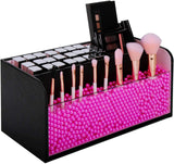 Leather Makeup Brush Cosmetic Organiser Storage Box with Pink Pearls, Acrylic Cover and 3 Compartments(Black)