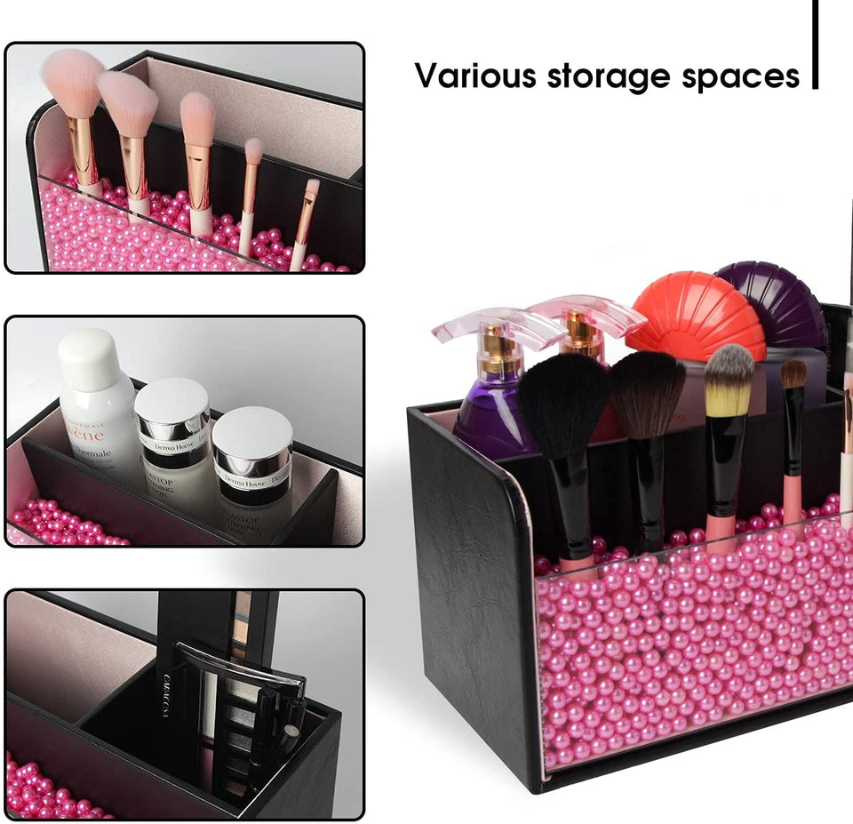 Leather Makeup Brush Cosmetic Organiser Storage Box with Pink Pearls, Acrylic Cover and 3 Compartments(Black)