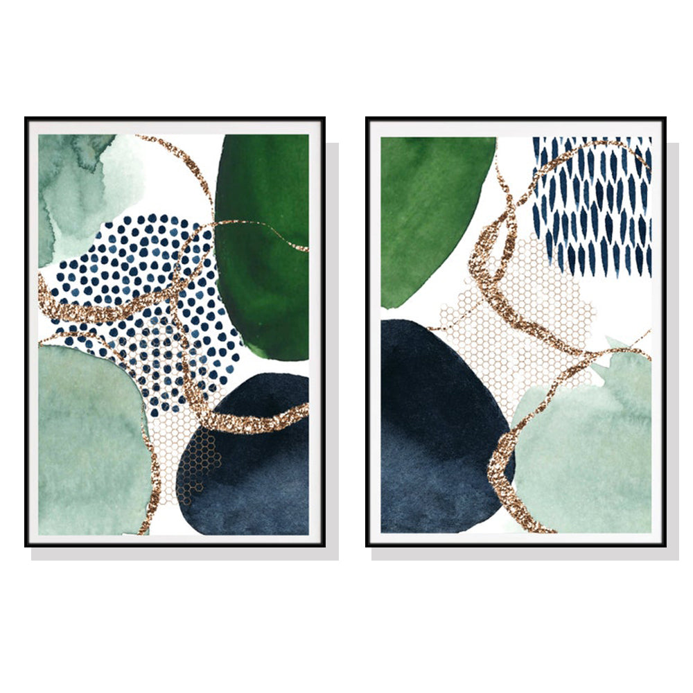 Wall Art 80cmx120cm Abstract Green and Navy 2 Sets Black Frame Canvas