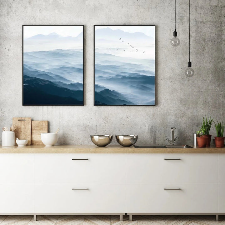 Wall Art 70cmx100cm Blue mountains 2 Sets Black Frame Canvas