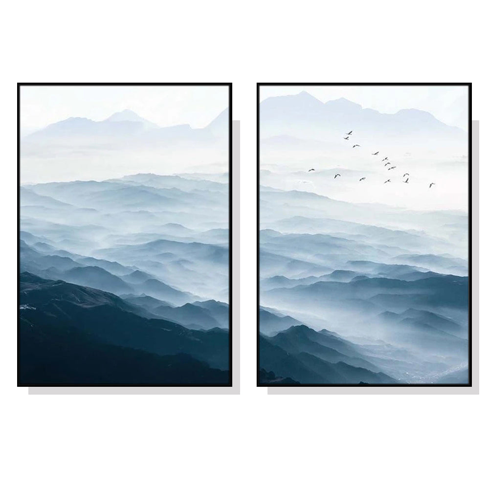 Wall Art 80cmx120cm Blue mountains 2 Sets Black Frame Canvas