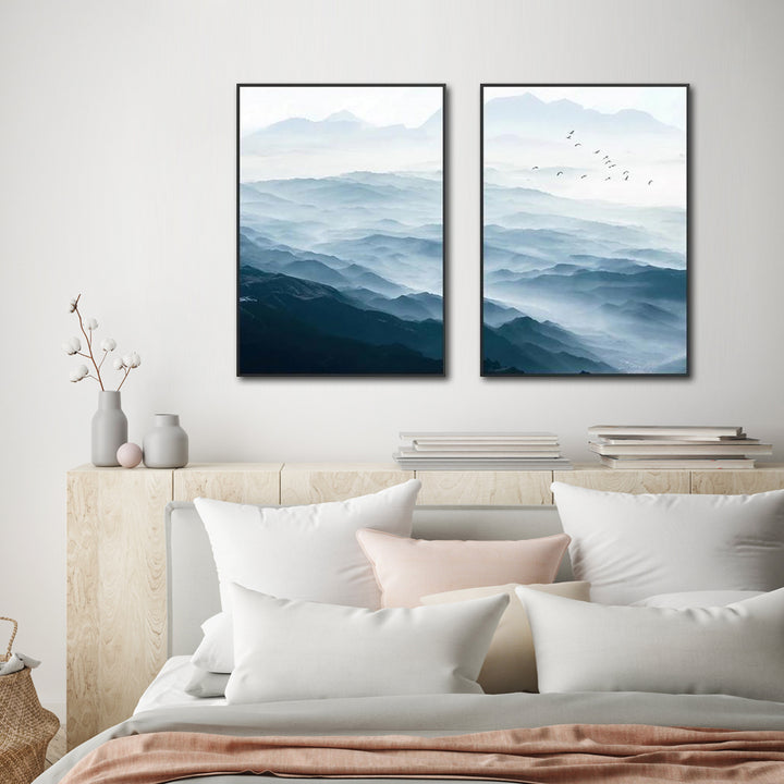 Wall Art 90cmx135cm Blue mountains 2 Sets Black Frame Canvas