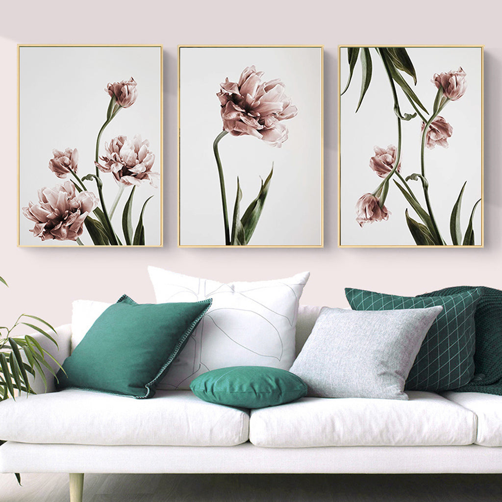 Wall Art 80cmx120cm Tulip Flower 3 Sets Gold Frame Canvas