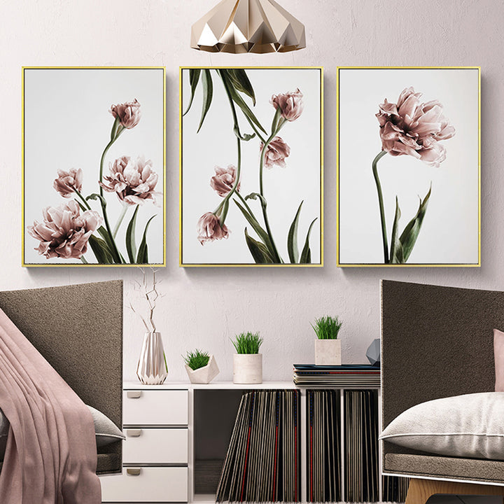 Wall Art 90cmx135cm Tulip Flower 3 Sets Gold Frame Canvas