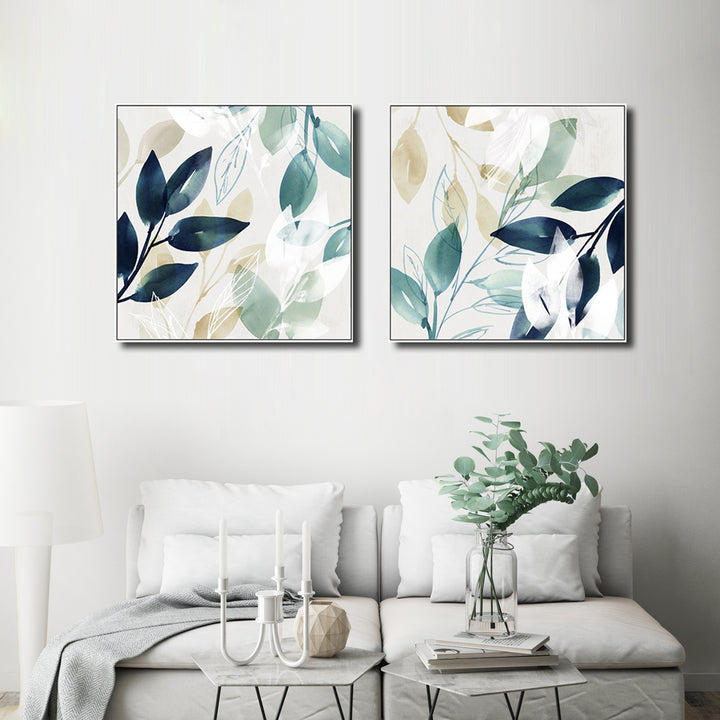 Wall Art 100cmx100cm Watercolour style leaves 2 Sets White Frame Canvas