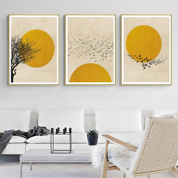 Wall Art 100cmx150cm Flock Of Birds Sun Silhouette 3 Sets Gold Frame Canvas