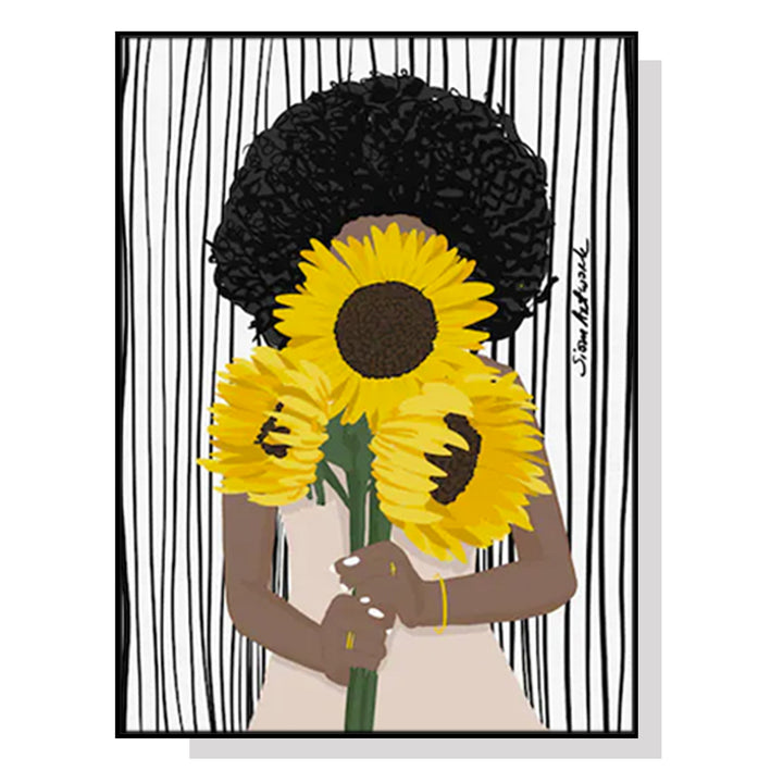 Wall Art 40cmx60cm African Woman Sunflower Black Frame Canvas