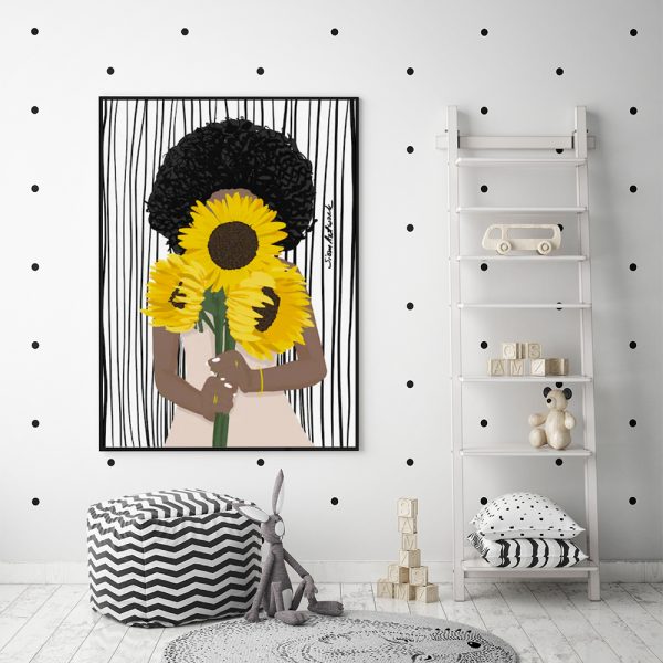 Wall Art 40cmx60cm African Woman Sunflower Black Frame Canvas