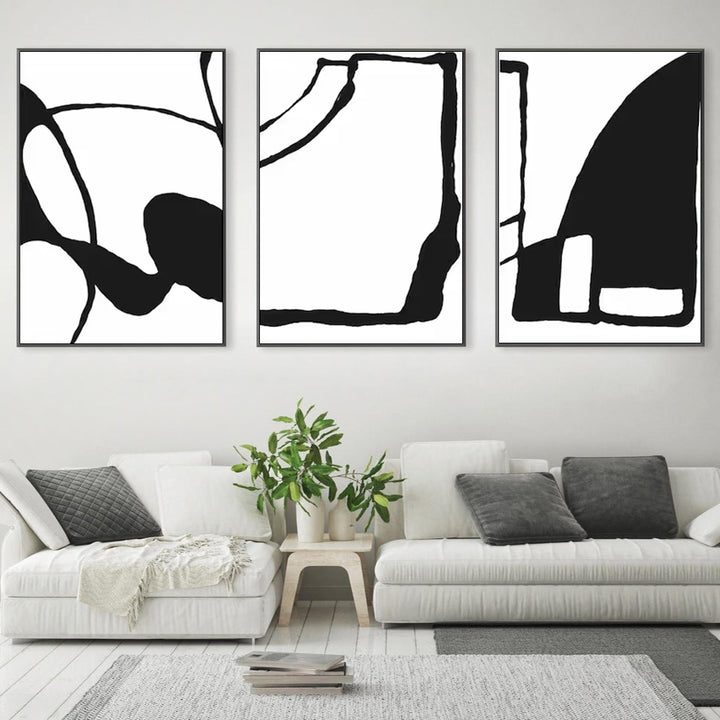 Wall Art 70cmx100cm Black and White 3 Sets Black Frame Canvas