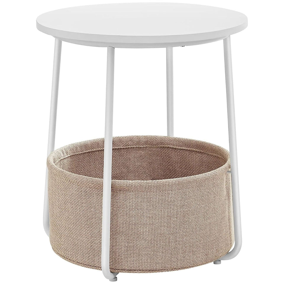 VASAGLE Small Round Side End Table with Fabric Basket White and Beige