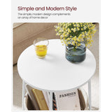 VASAGLE Small Round Side End Table with Fabric Basket White and Beige
