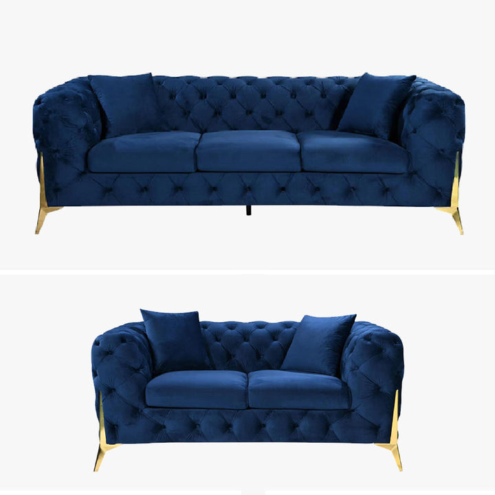 Grand Tufted Lounge in Blue Velvet - Gold Legs