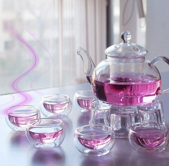 10 Wholesale Sets of Gongfu Chinese Ceremony Tea Set - 6 Glass cups with Infuser and Tealight Candle Pot Warmer