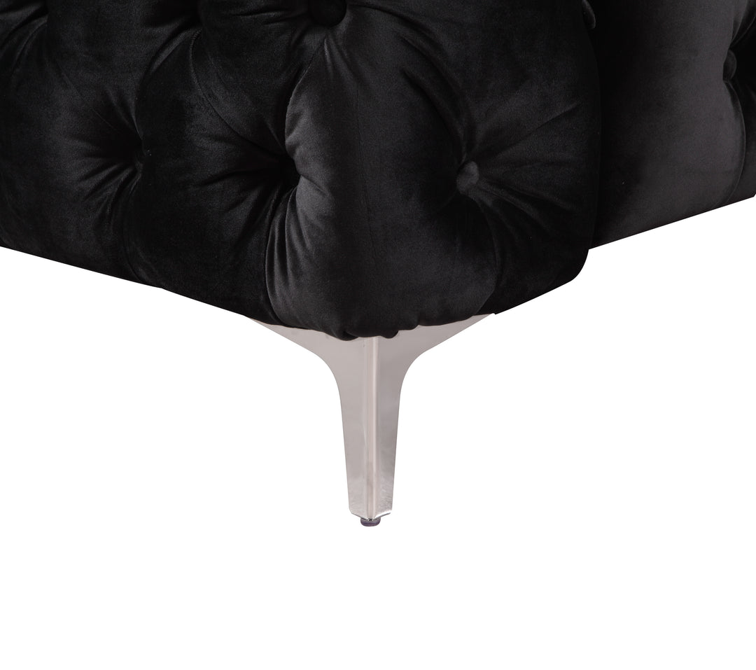 3 Seater Sofa Classic Button Tufted Lounge in Black Velvet Fabric with Metal Legs