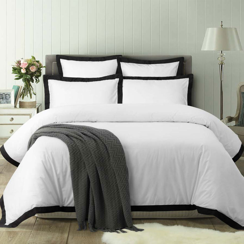 Accessorize White/Black Tailored Hotel Deluxe Cotton Quilt Cover Set Queen
