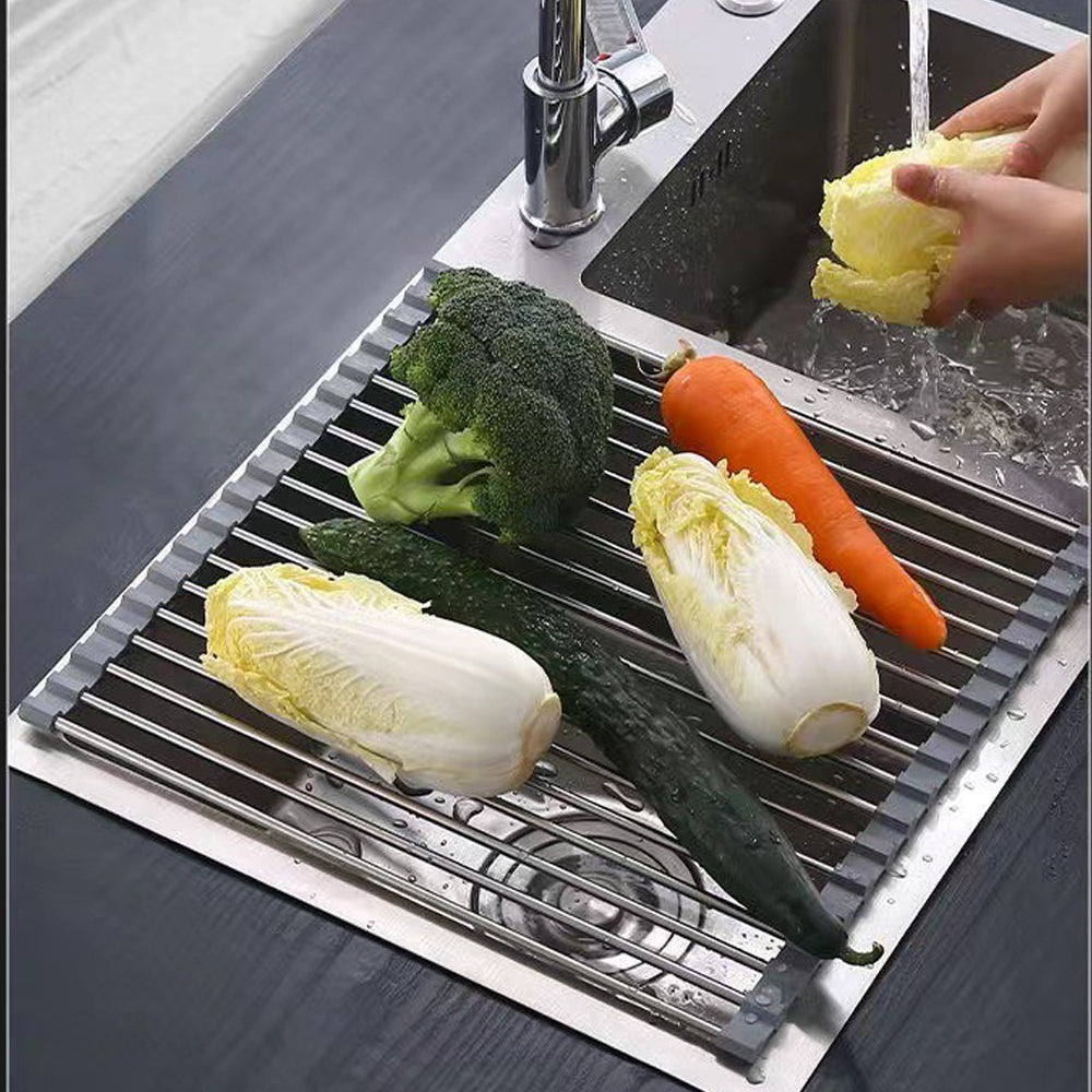 Kitchen Roll-Up Dish Drying Rack Foldable Drainer Over Sink 304-Stainless Steel(Small:47*24cm)