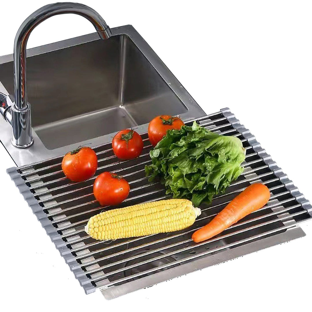 Kitchen Roll-Up Dish Drying Rack Foldable Drainer Over Sink 304-Stainless Steel(Large:47*37cm)