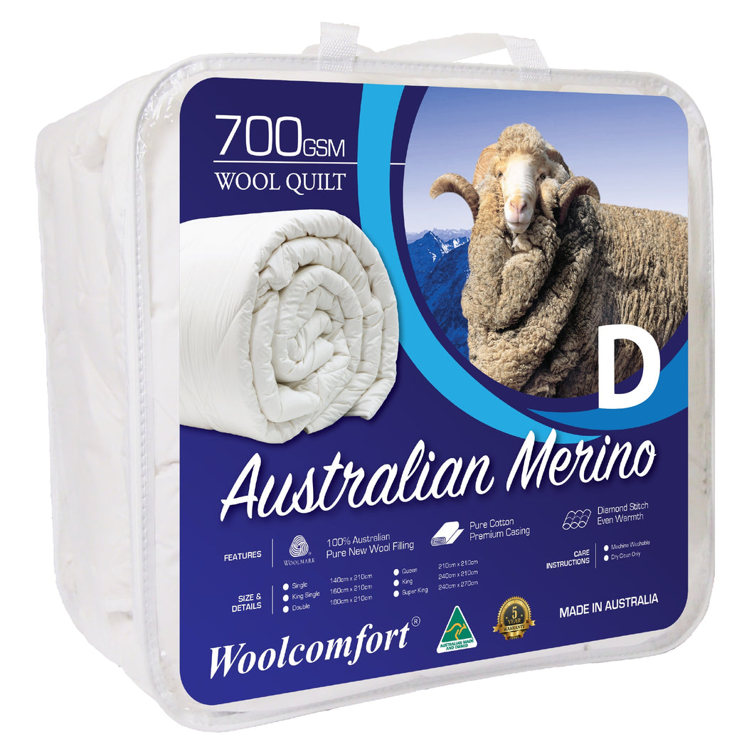 Woolcomfort Aus Made Merino Wool Quilt 700GSM 180x210cm Double Size