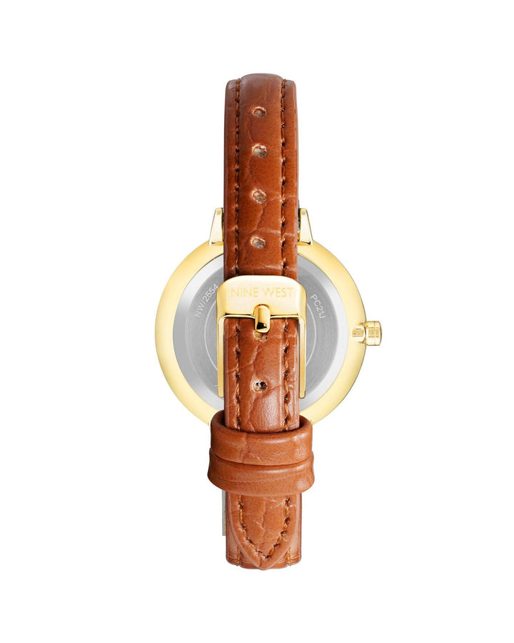 Gold Fashion Watch with Rhine Stone Facing and Brown Leatherette Wristband One Size Women
